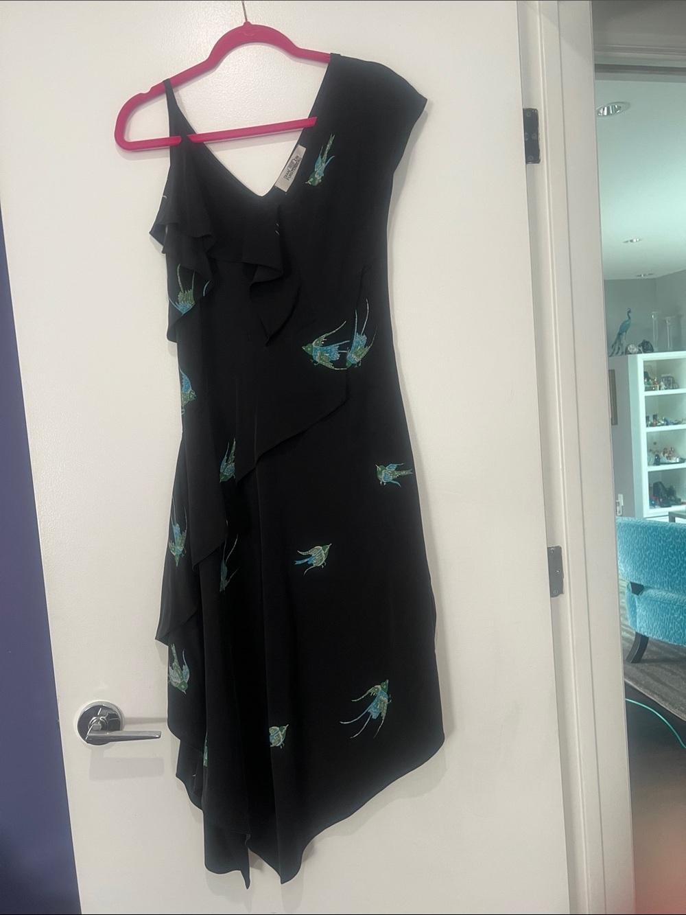 Diane Von Furstenberg Black Asymmetrical One-Shoulder Dress with Teal Bird Print